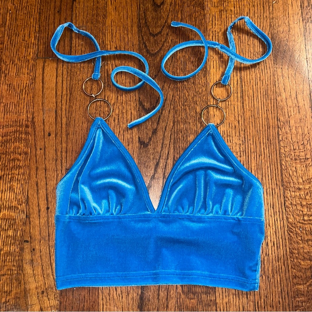 Blue Velvet Halter Top w Metal Accents